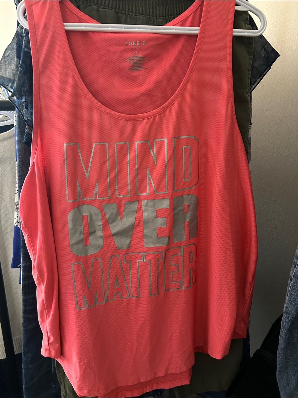 torrid Coral Racerback Tank with Silver 'MIND OVER MATTER' Print